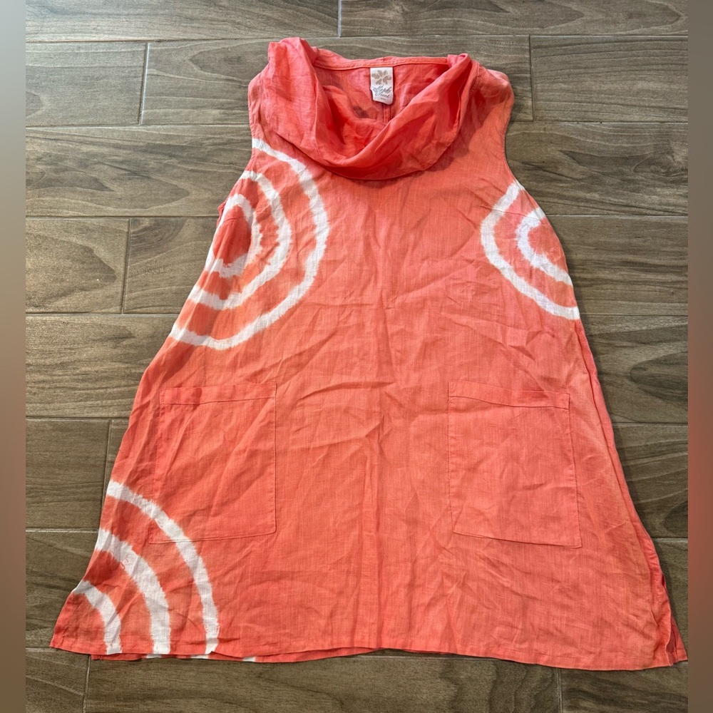 Match Point 100% linen Coral Sleeveless Midi Dress, 2 pockets, M